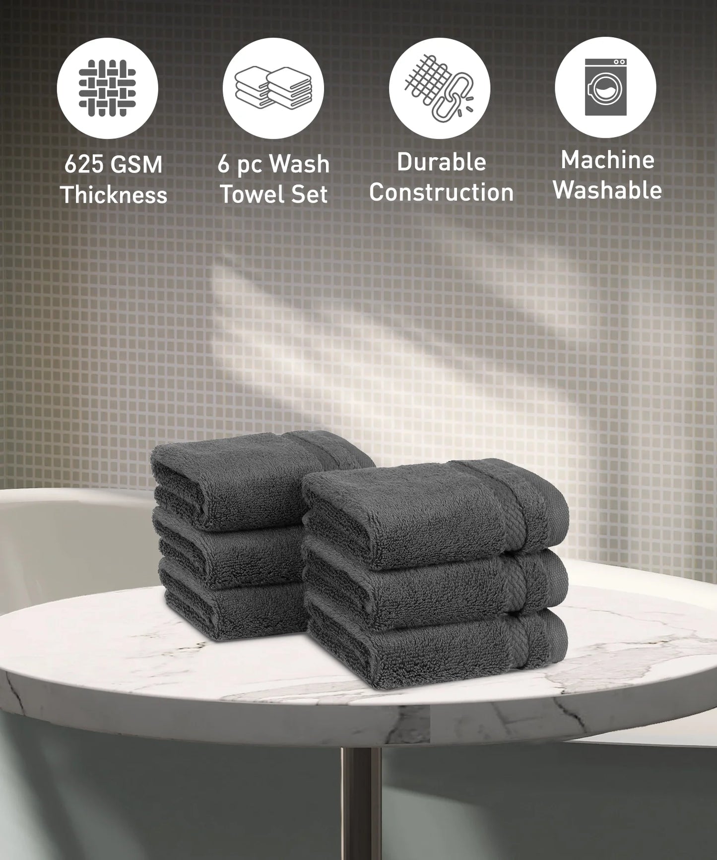 Luxury 6 Pc Face Towel set, 625 GSM, Antimicrobial, Premium Cotton, Charcoal