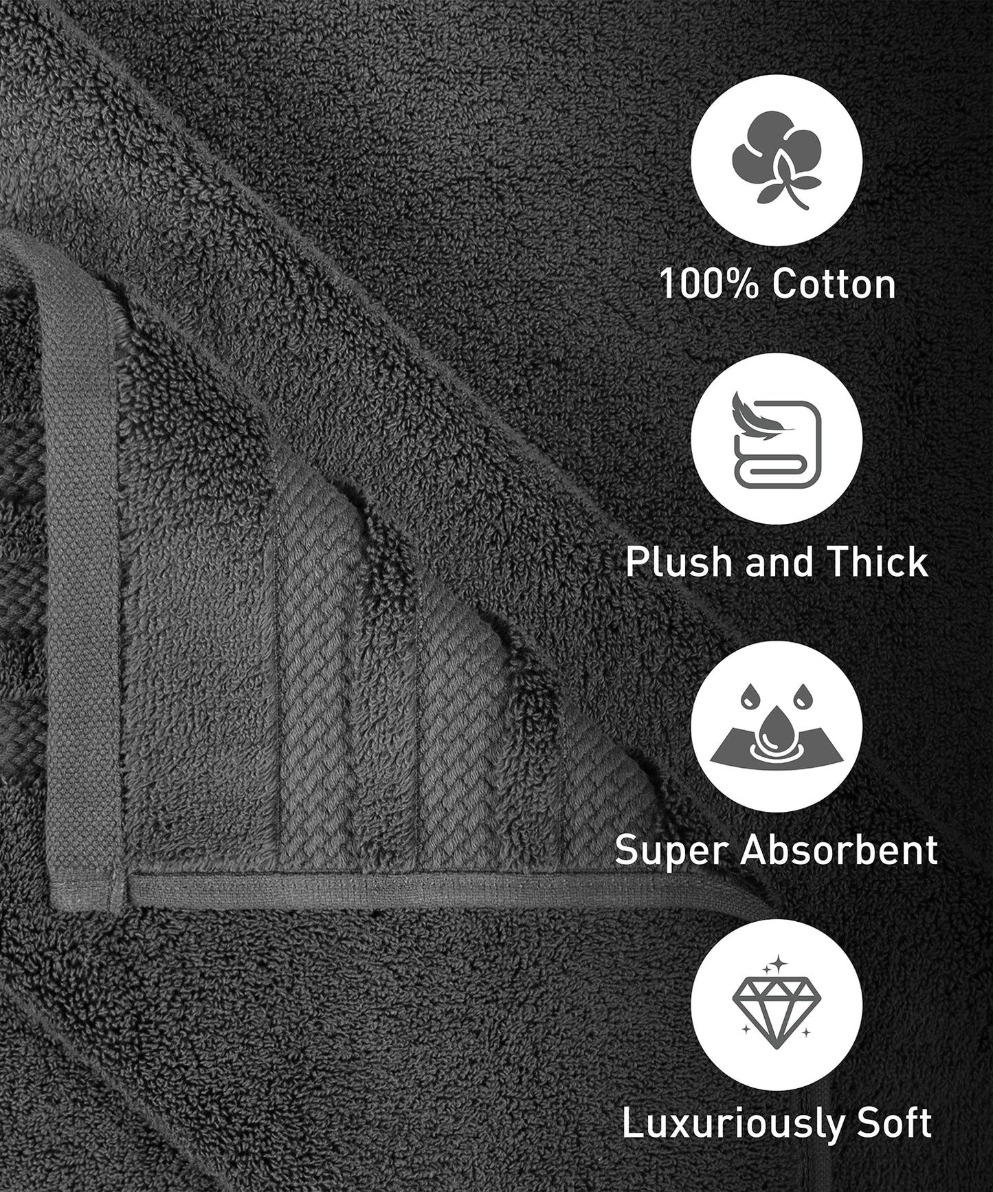 Luxury 6 Pc Face Towel set, 625 GSM, Antimicrobial, Premium Cotton, Charcoal