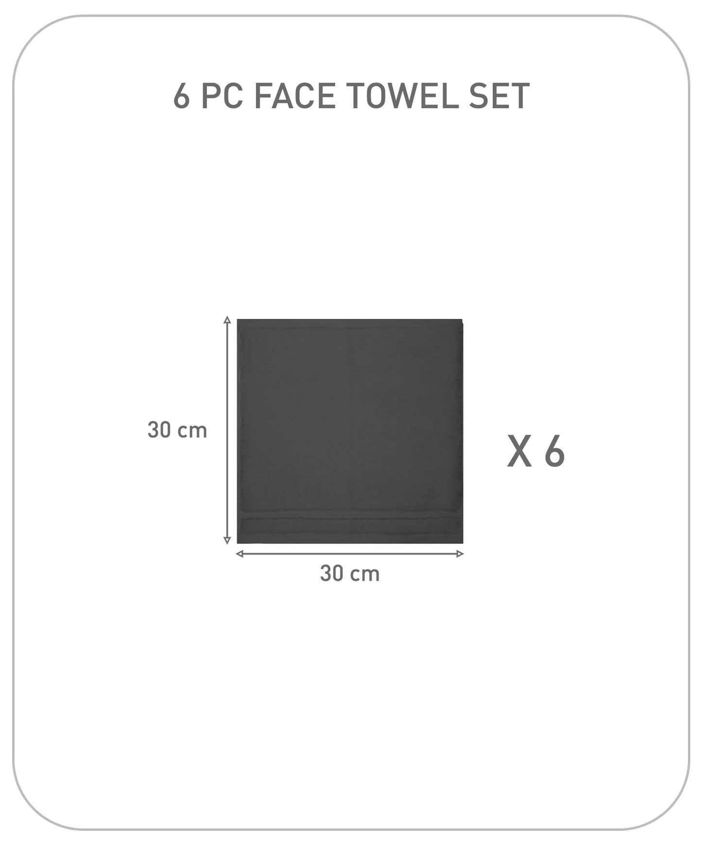 Luxury 6 Pc Face Towel set, 625 GSM, Antimicrobial, Premium Cotton, Charcoal