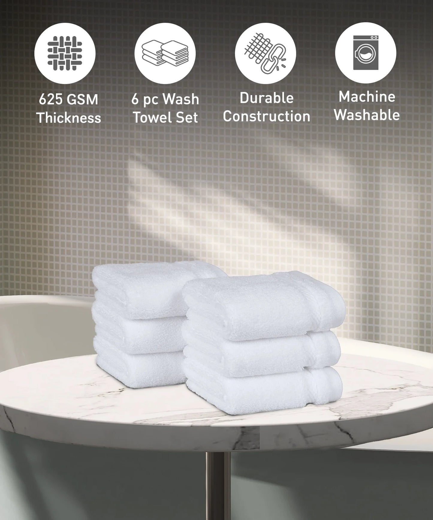 Luxury 6 Pc Face Towel set, 625 GSM, Antimicrobial, Premium Cotton, Delica White