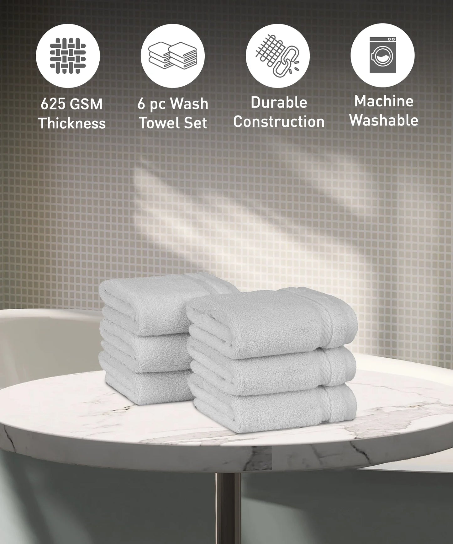 Luxury 6 Pc Face Towel set, 625 GSM, Antimicrobial, Premium Cotton, Grey