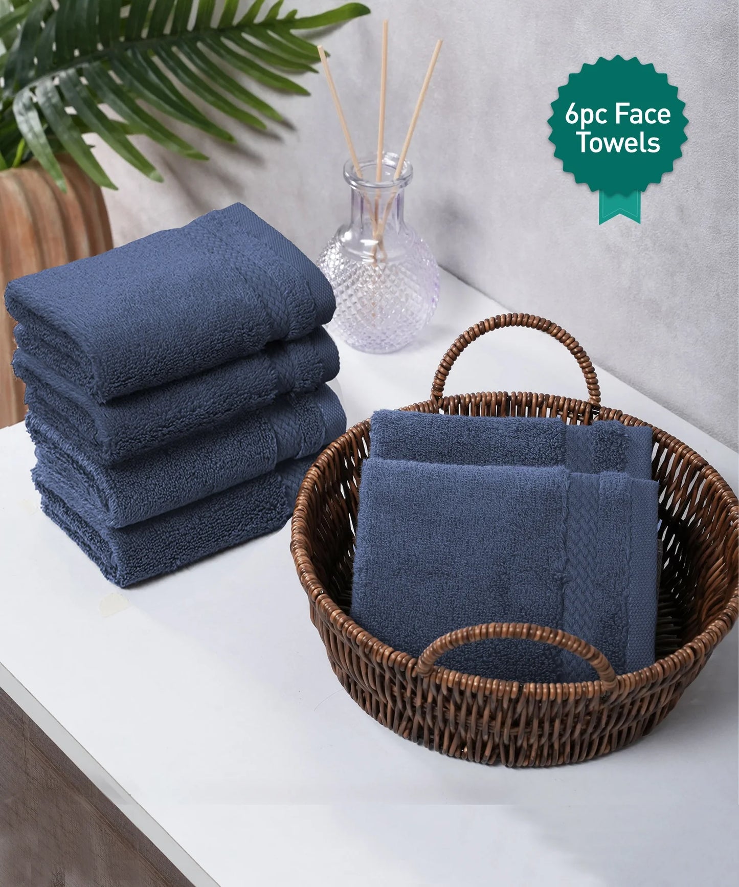Luxury 6 Pc Face Towel set, 625 GSM, Antimicrobial, Premium Cotton, Navy