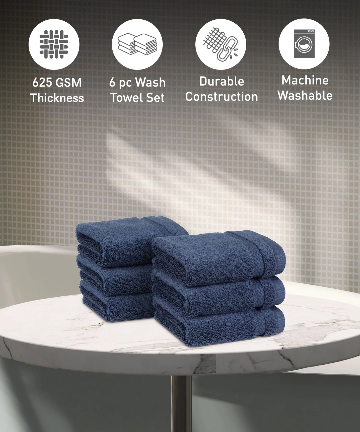 Luxury 6 Pc Face Towel set, 625 GSM, Antimicrobial, Premium Cotton, Navy