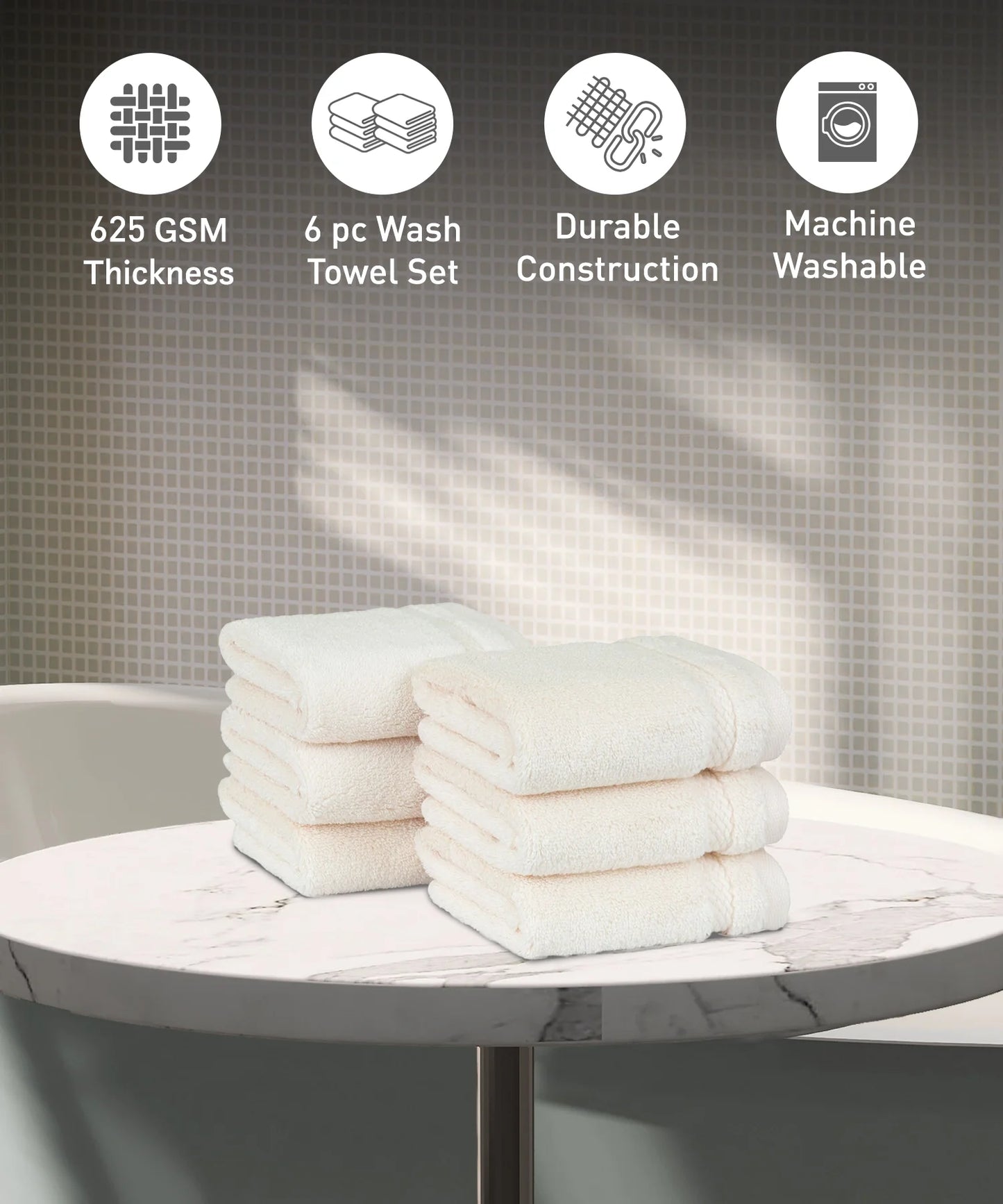 Luxury 6 Pc Face Towel set, 625 GSM, Antimicrobial, Premium Cotton, Linen
