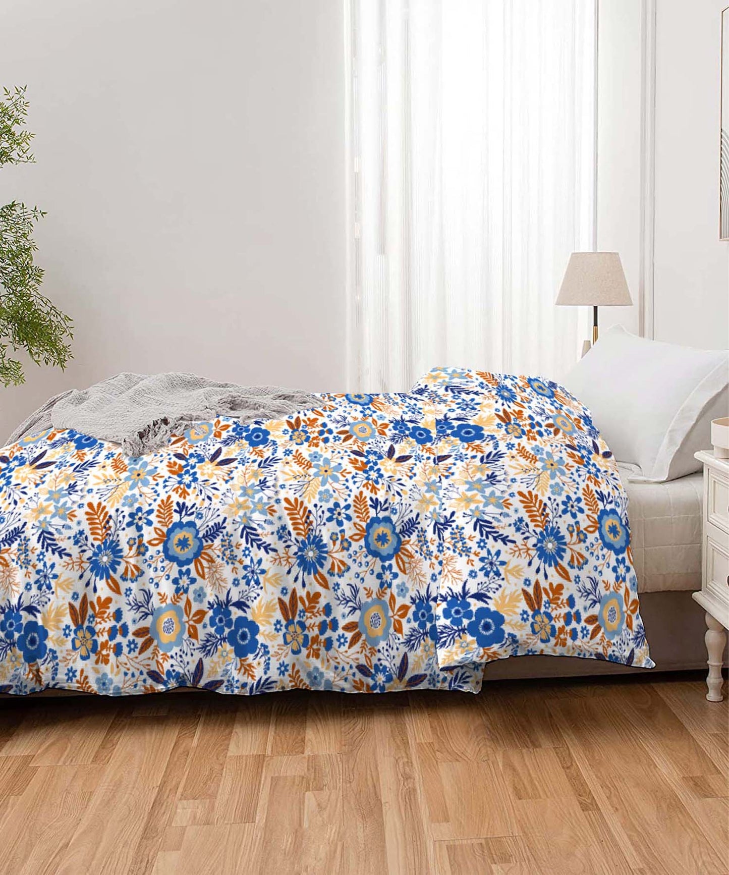 Urban Comfort Gardenia Blooms Blue Single Comforter, 120GSM, 100% Cotton, Multicolor