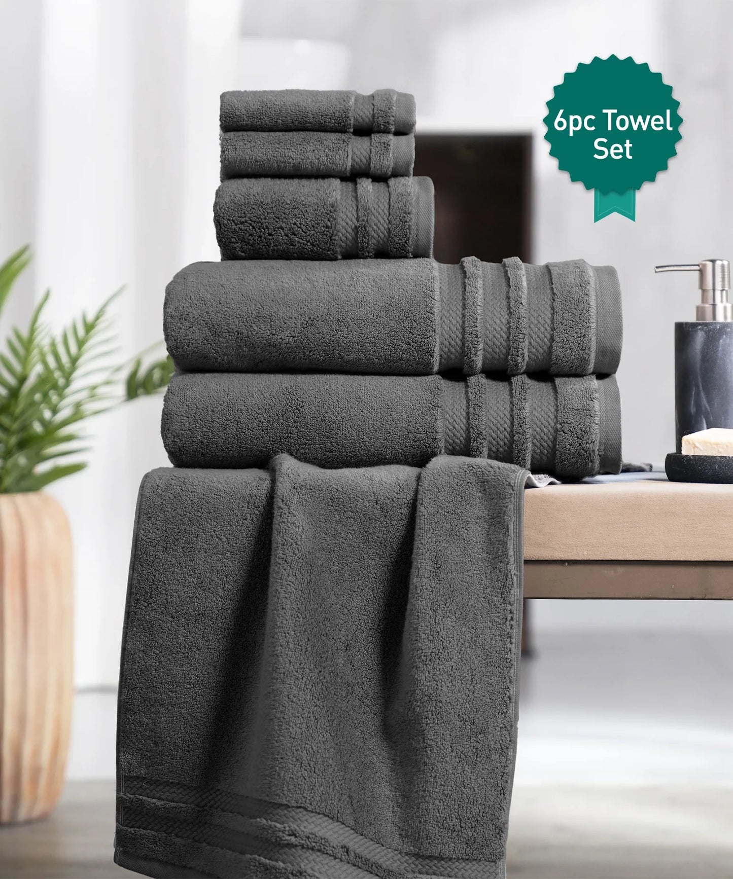 Luxury 6 Pc Towel set, 625 GSM, Antimicrobial, Premium Cotton, Charcoal