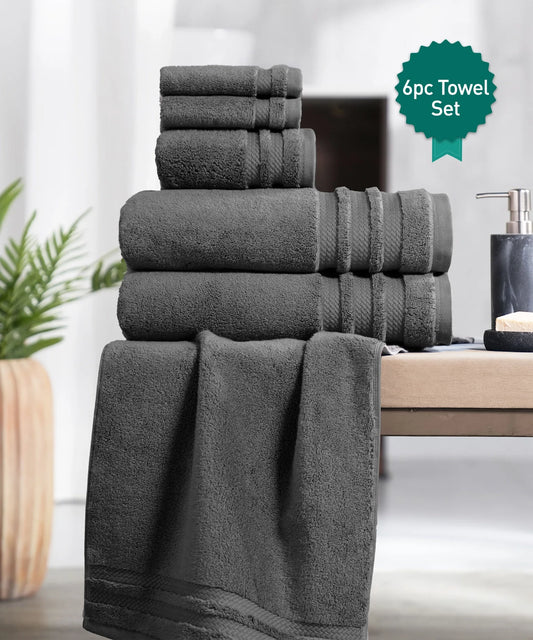 Luxury 6 Pc Towel set, 625 GSM, Antimicrobial, Premium Cotton, Charcoal