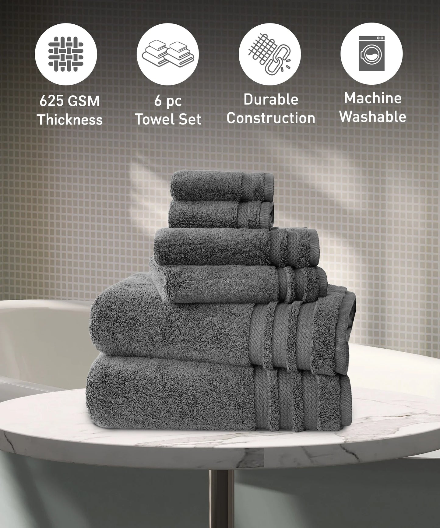 Luxury 6 Pc Towel set, 625 GSM, Antimicrobial, Premium Cotton, Charcoal