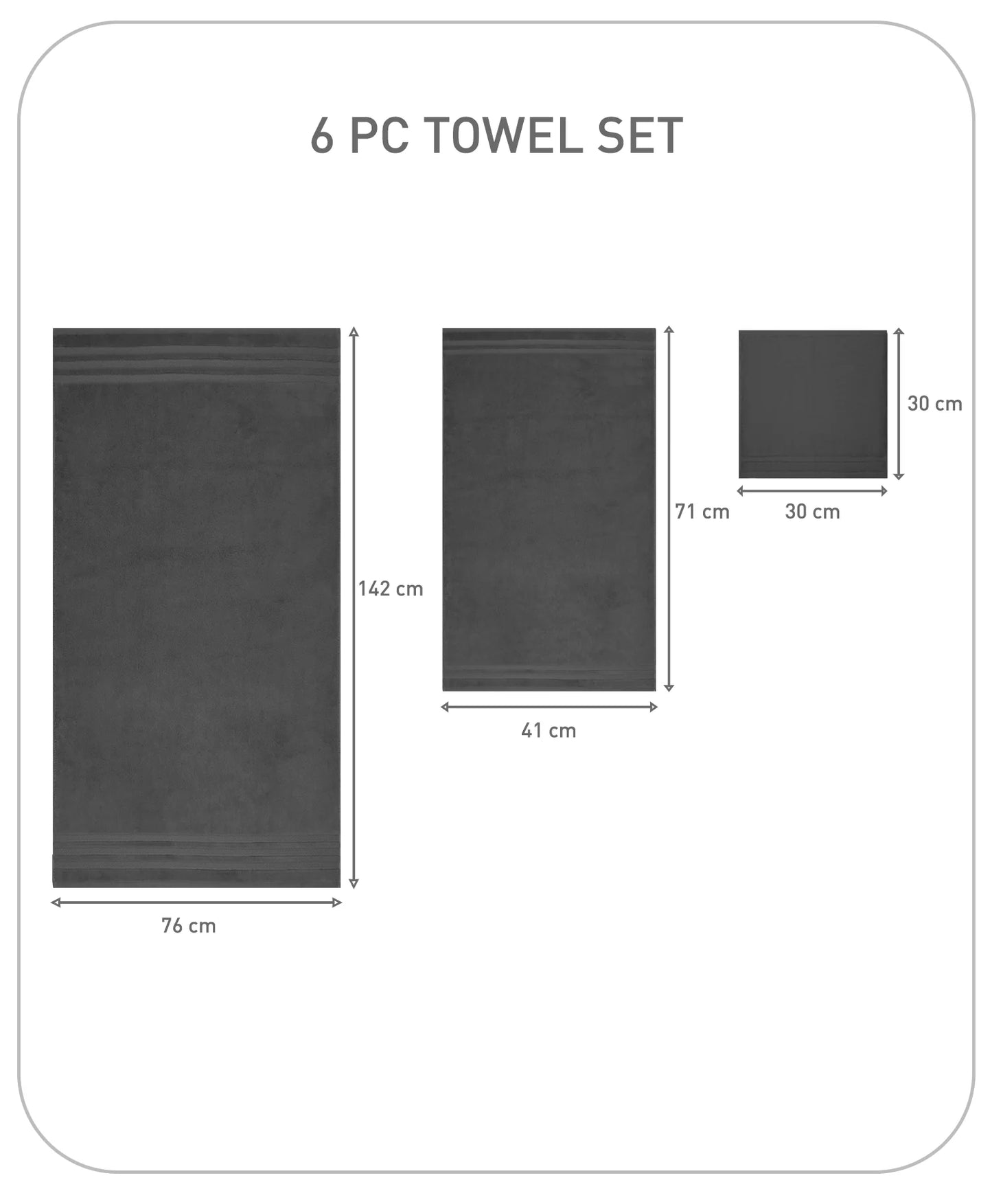Luxury 6 Pc Towel set, 625 GSM, Antimicrobial, Premium Cotton, Charcoal