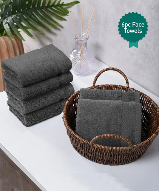 Luxury 6 Pc Face Towel set, 625 GSM, Antimicrobial, Premium Cotton, Charcoal