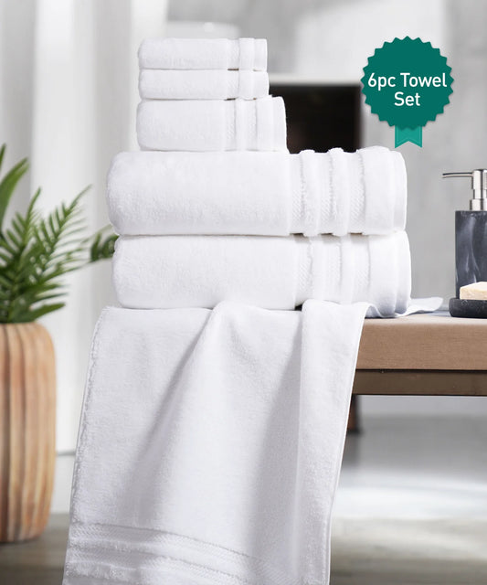 Luxury 6 Pc Towel set, 625 GSM, Antimicrobial, Premium Cotton, White