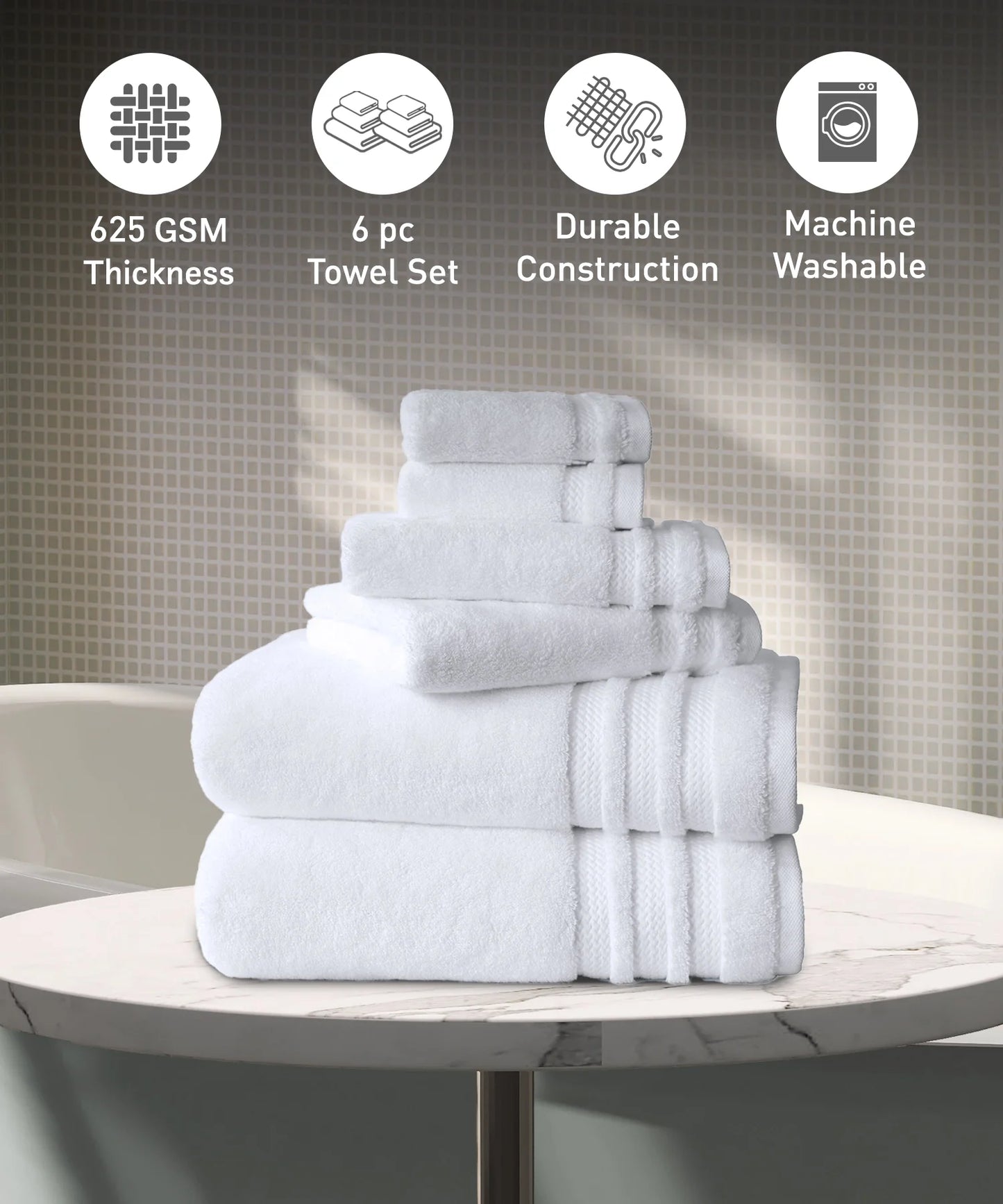 Luxury 6 Pc Towel set, 625 GSM, Antimicrobial, Premium Cotton, White