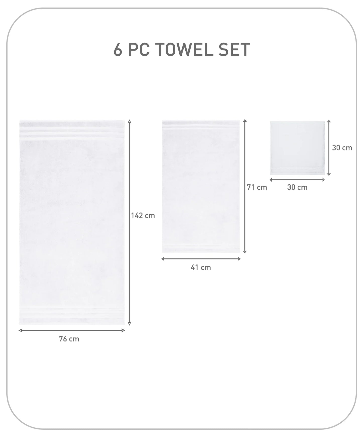 Luxury 6 Pc Towel set, 625 GSM, Antimicrobial, Premium Cotton, White