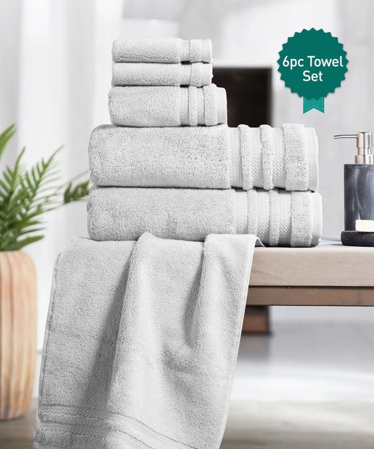 Luxury 6 Pc Towel set, 625 GSM, Antimicrobial, Premium Cotton, Grey