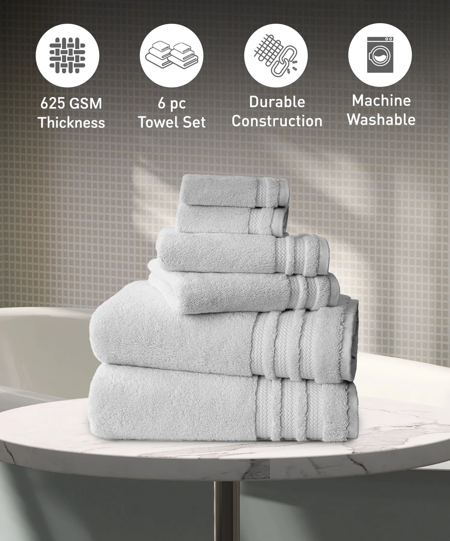 Luxury 6 Pc Towel set, 625 GSM, Antimicrobial, Premium Cotton, Grey