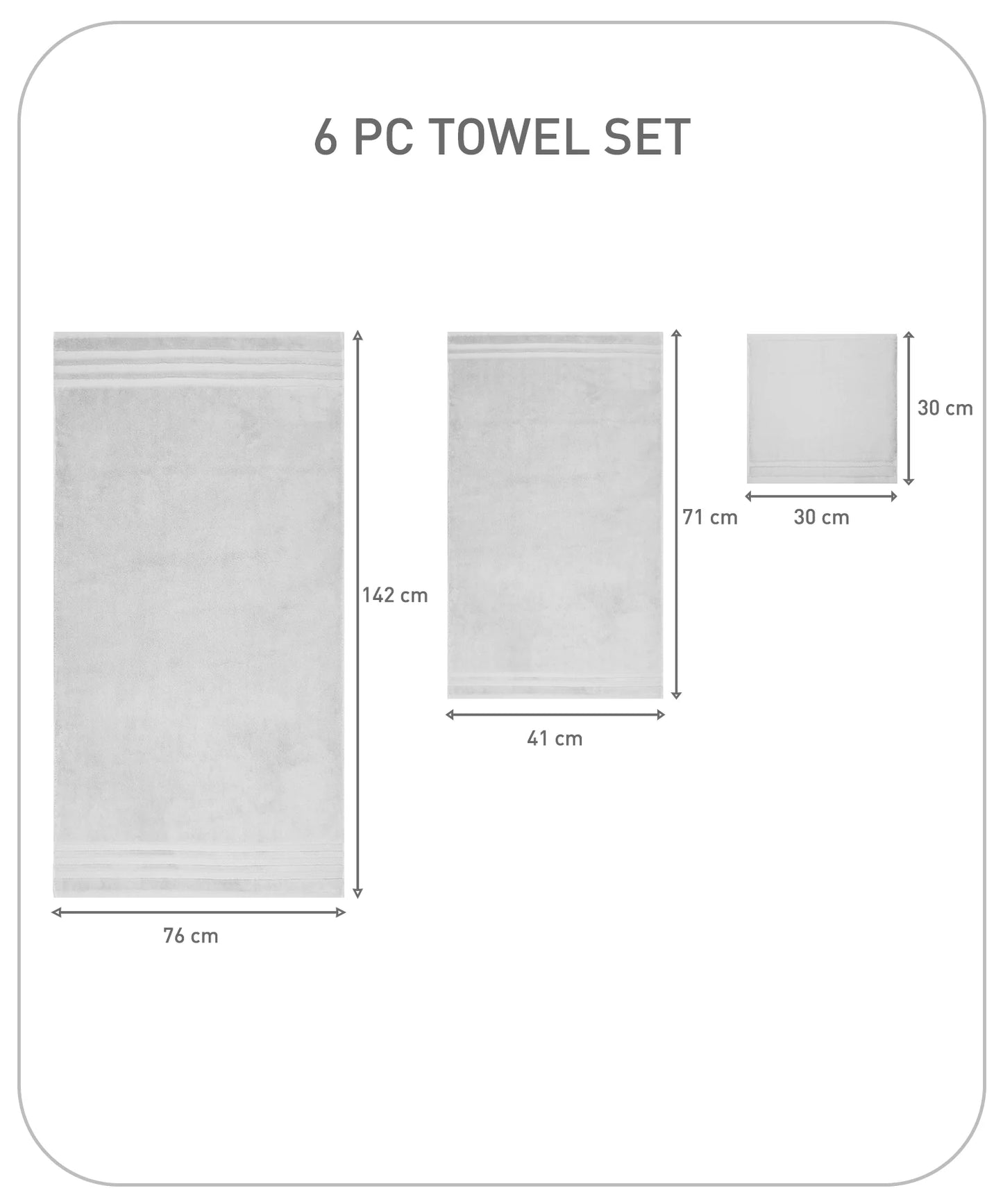 Luxury 6 Pc Towel set, 625 GSM, Antimicrobial, Premium Cotton, Grey