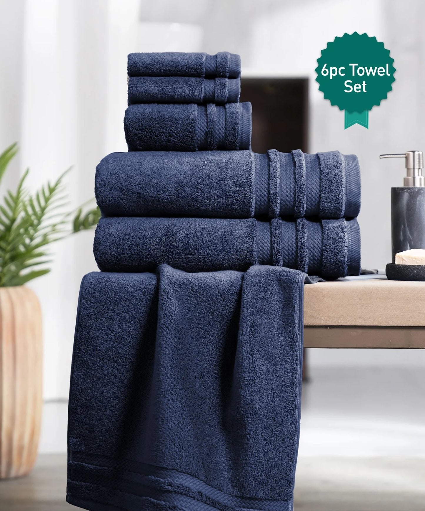 Luxury 6 Pc Towel set, 625 GSM, Antimicrobial, Premium Cotton, Navy