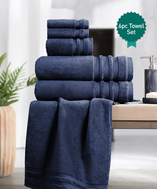 Luxury 6 Pc Towel set, 625 GSM, Antimicrobial, Premium Cotton, Navy