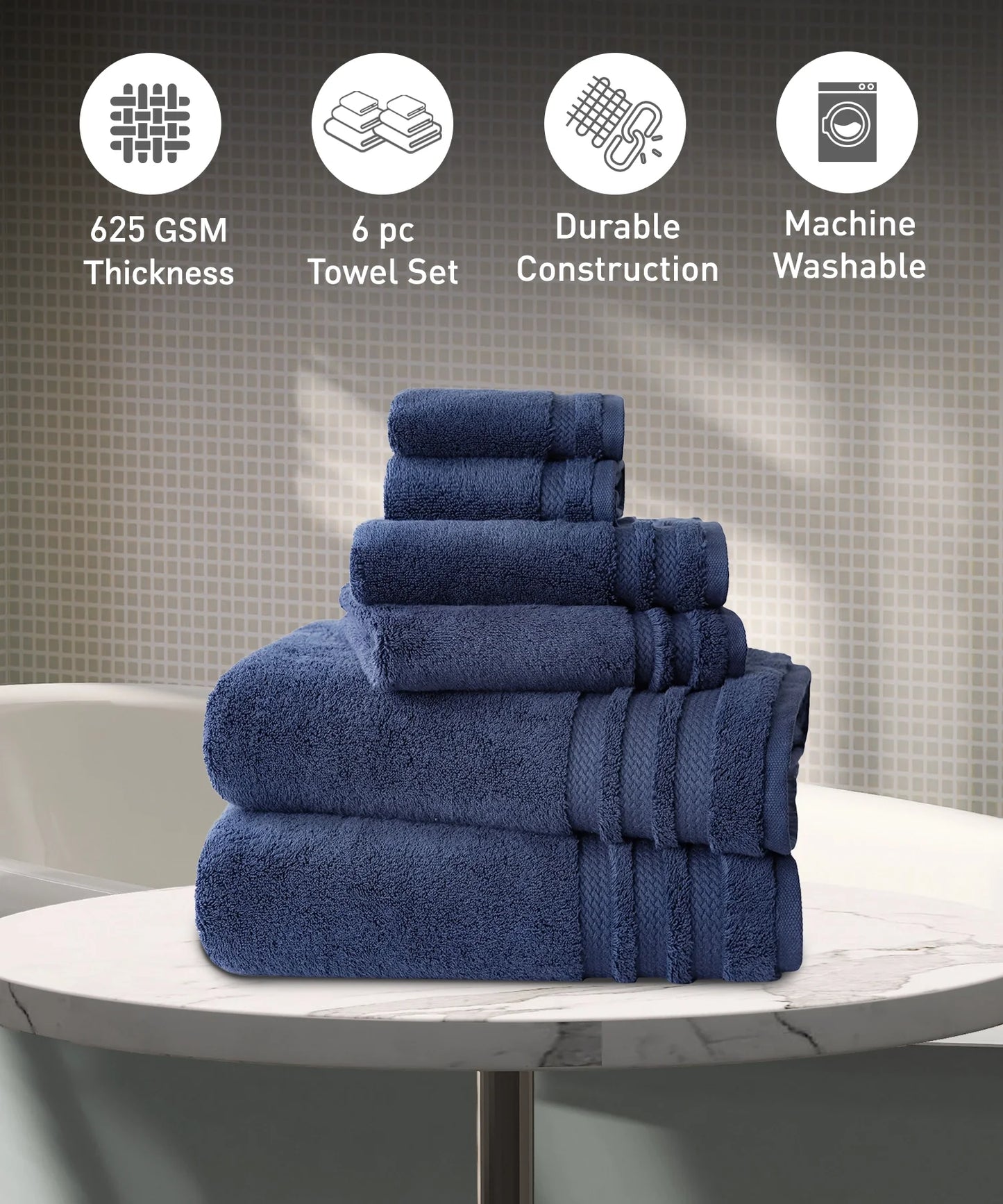 Luxury 6 Pc Towel set, 625 GSM, Antimicrobial, Premium Cotton, Navy