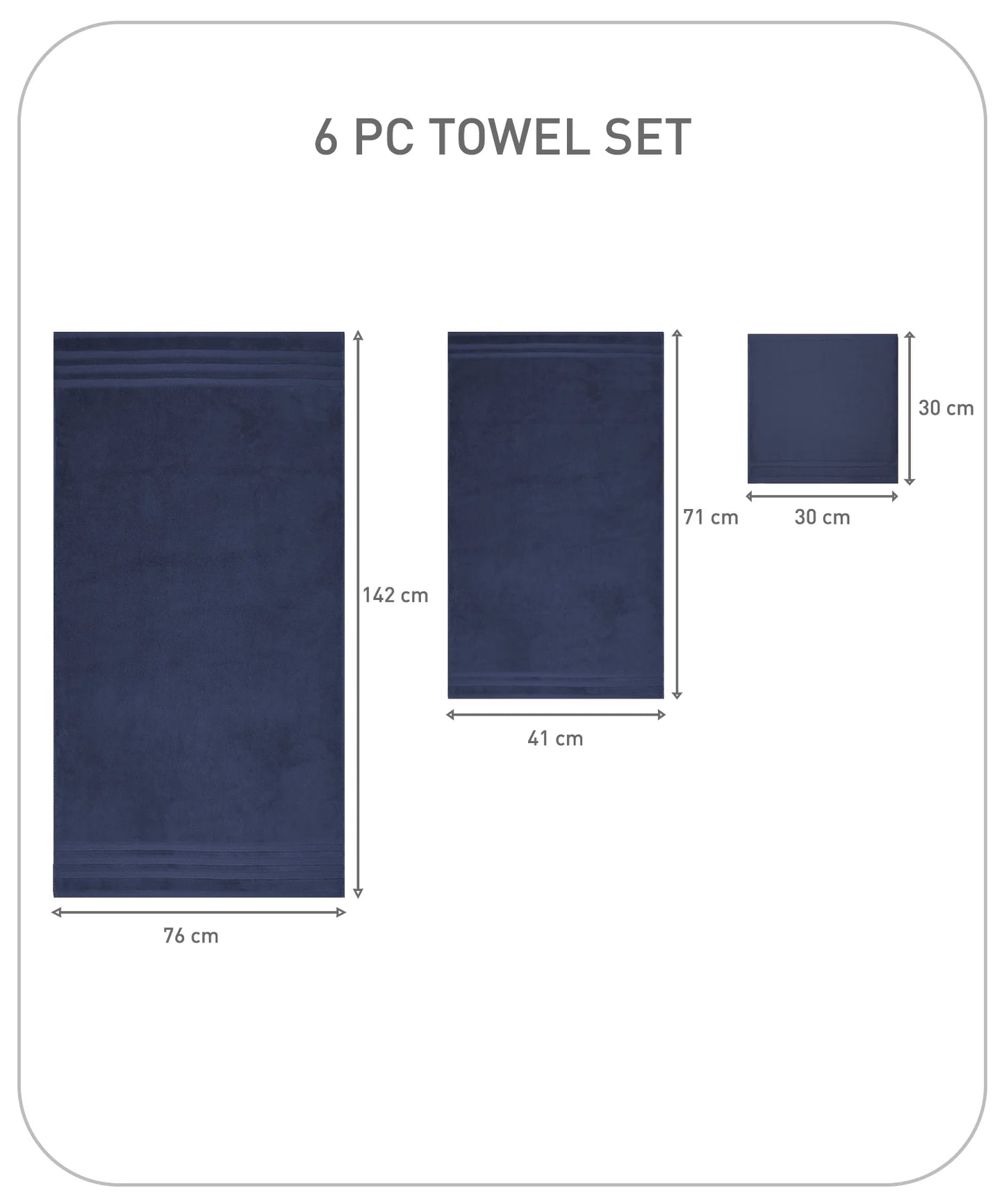 Luxury 6 Pc Towel set, 625 GSM, Antimicrobial, Premium Cotton, Navy
