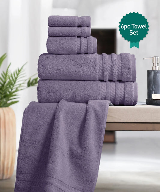 Luxury 6 Pc Towel set, 625 GSM, Antimicrobial, Premium Cotton, Purple