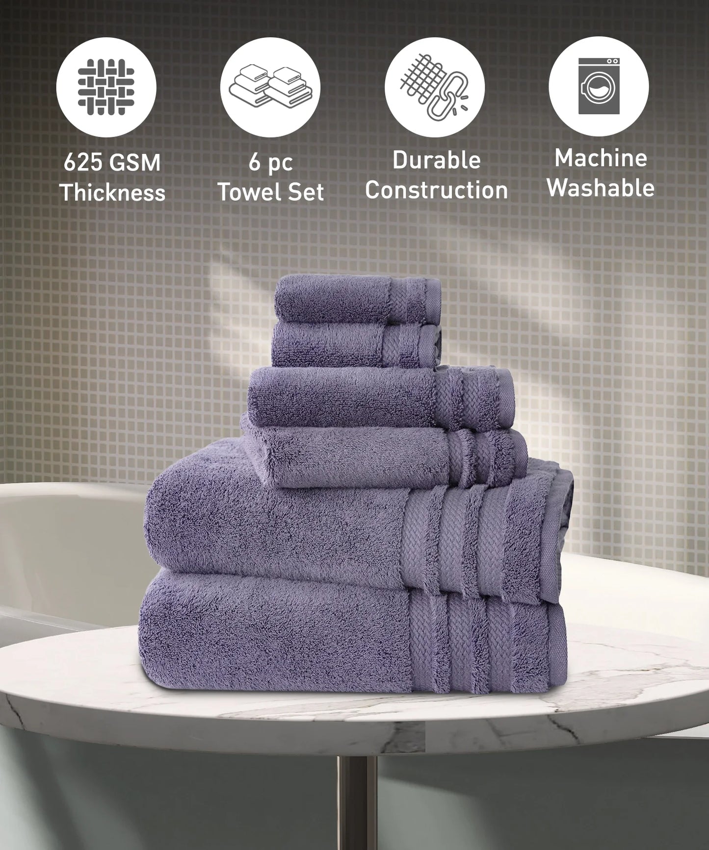Luxury 6 Pc Towel set, 625 GSM, Antimicrobial, Premium Cotton, Purple