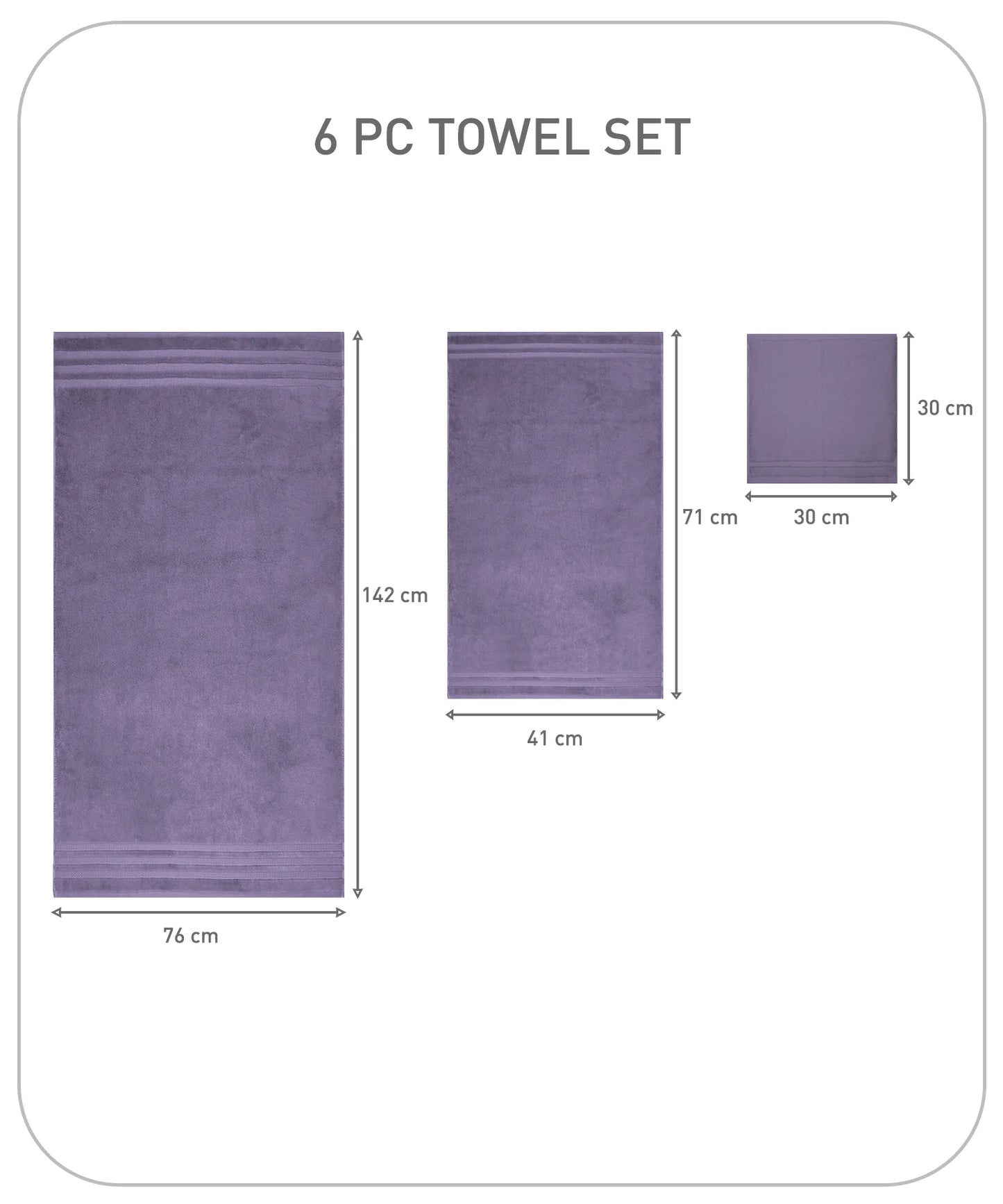 Luxury 6 Pc Towel set, 625 GSM, Antimicrobial, Premium Cotton, Purple