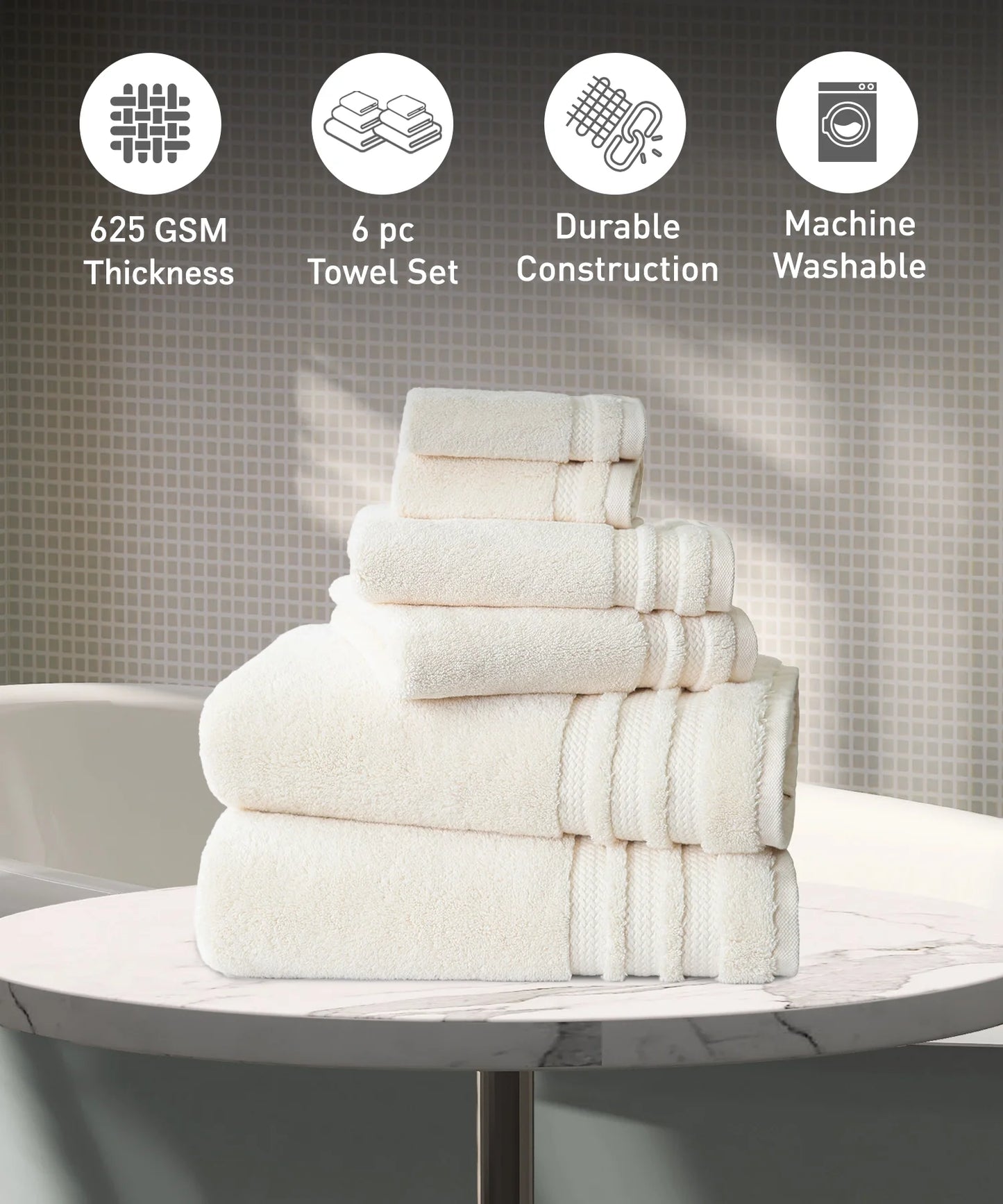 Luxury 6 Pc Towel set, 625 GSM, Antimicrobial, Premium Cotton, Linen