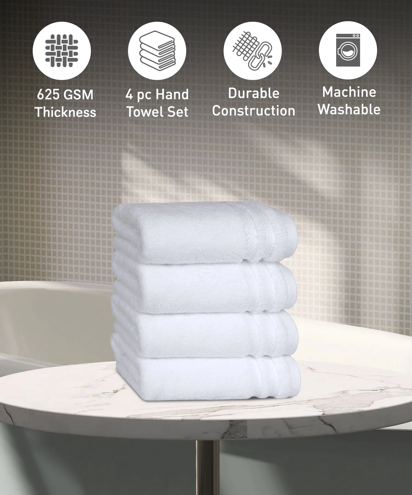 Luxury 4 Piece Hand Towels, 625 Gsm,White