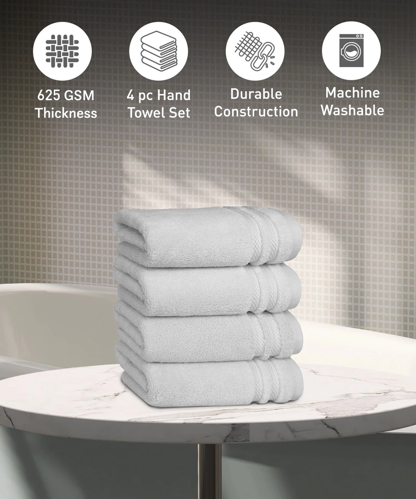 Luxury 4 Piece Hand Towels, 625 Gsm,Grey