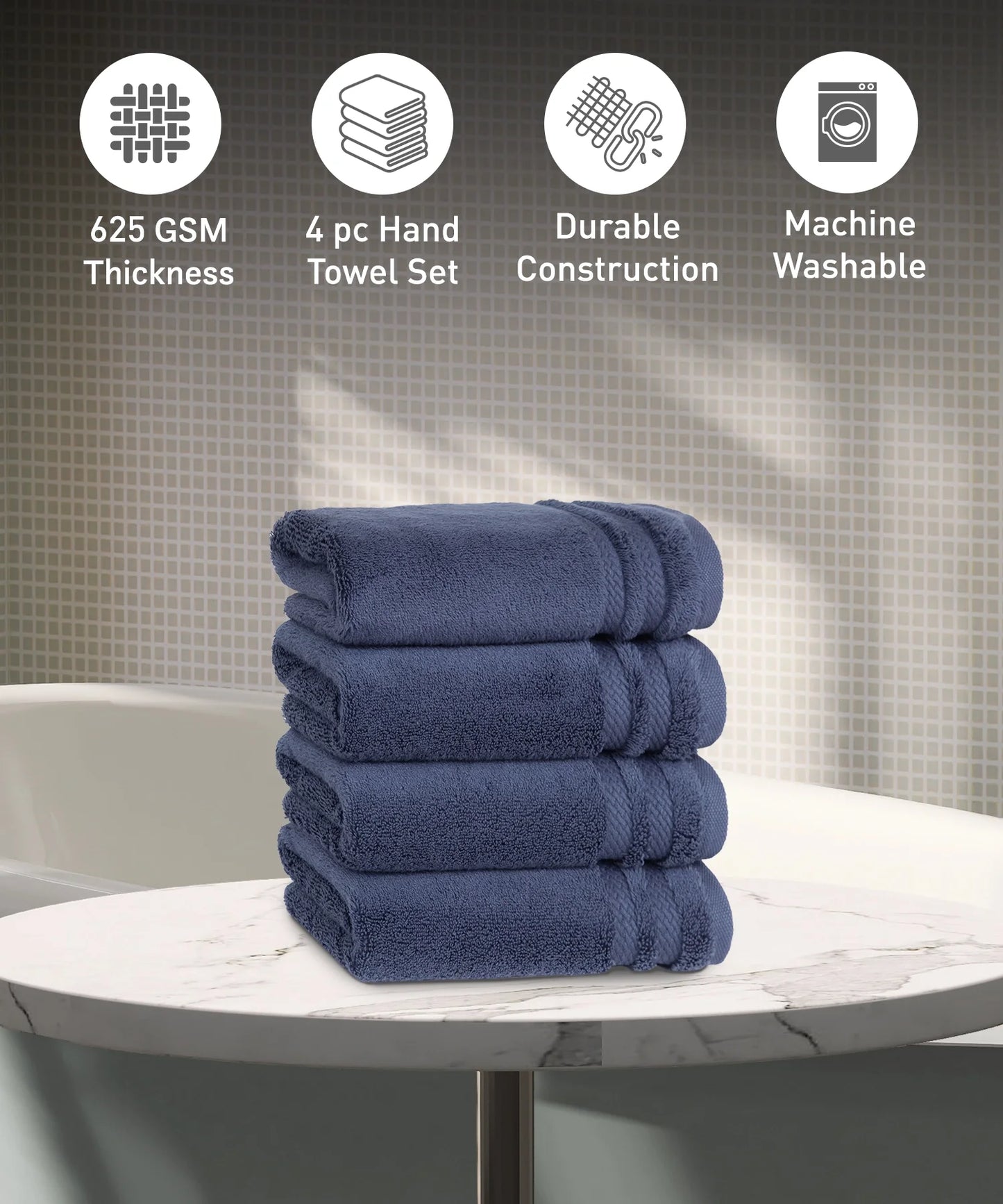 Luxury 4 Piece Hand Towels, 625 Gsm,Navy