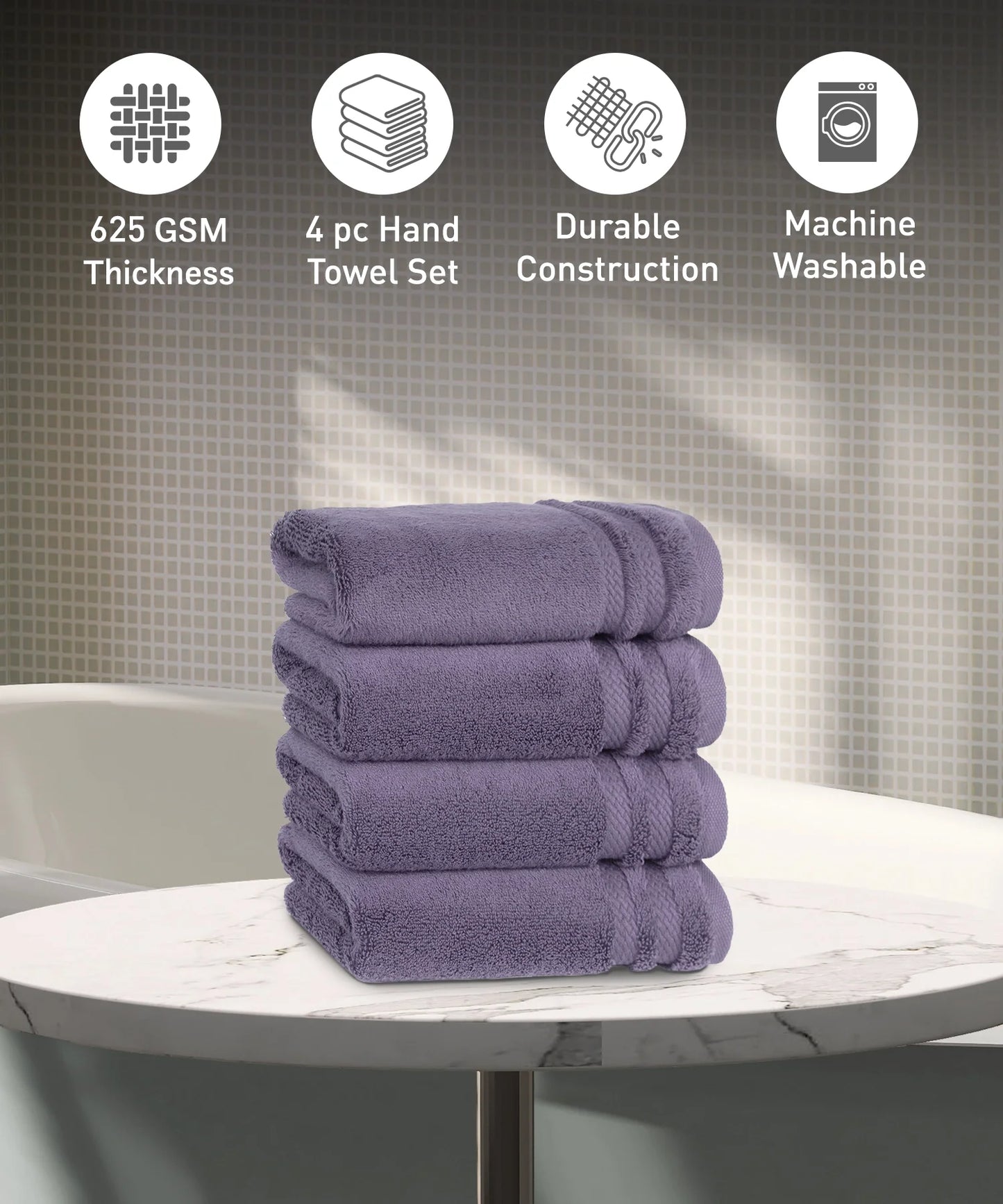Luxury 4 Piece Hand Towels, 625 Gsm, Purple Ash