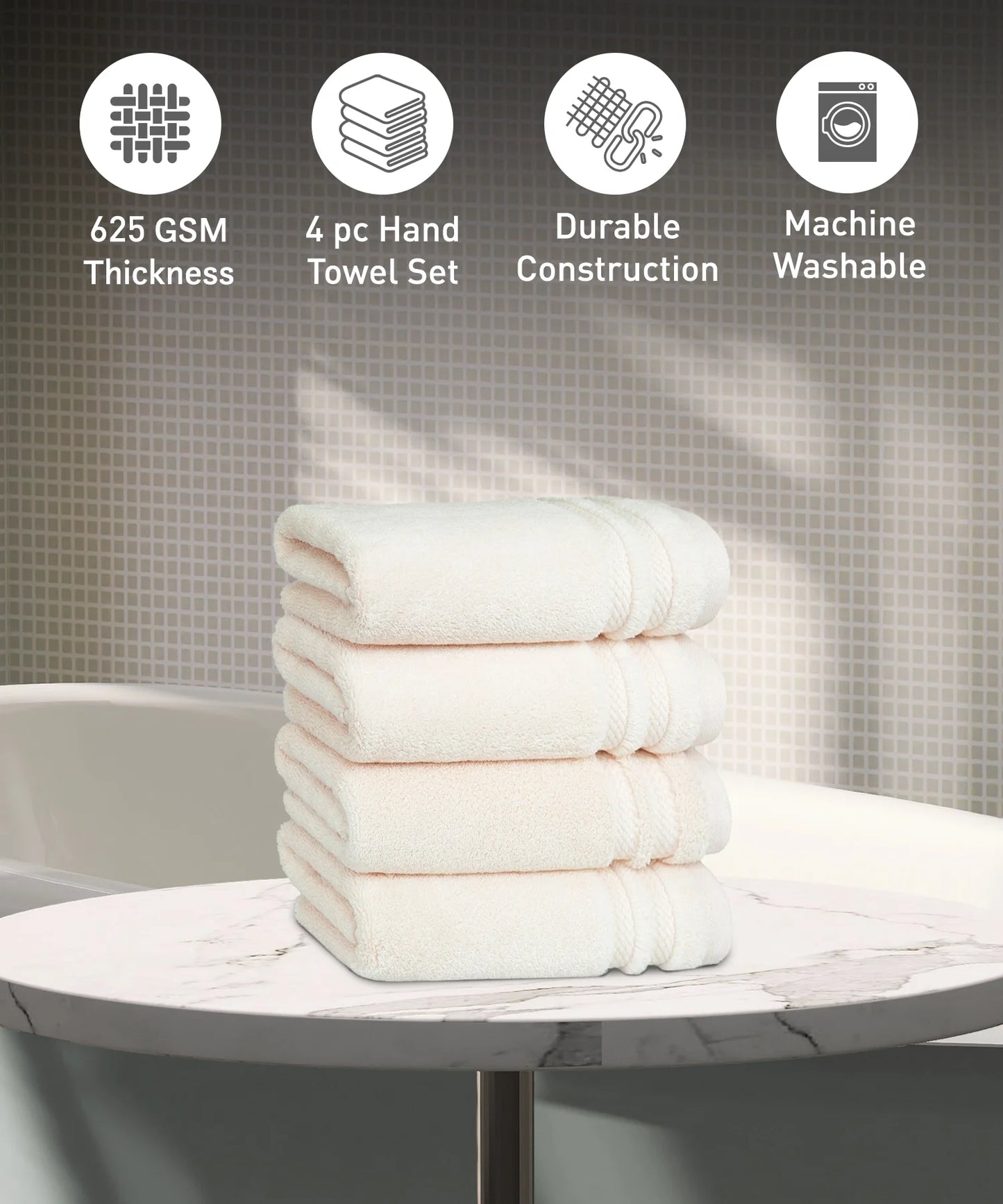 Luxury 4 Piece Hand Towels, 625 Gsm,Linen