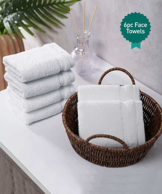 Luxury 6 Pc Face Towel set, 625 GSM, Antimicrobial, Premium Cotton, Delica White