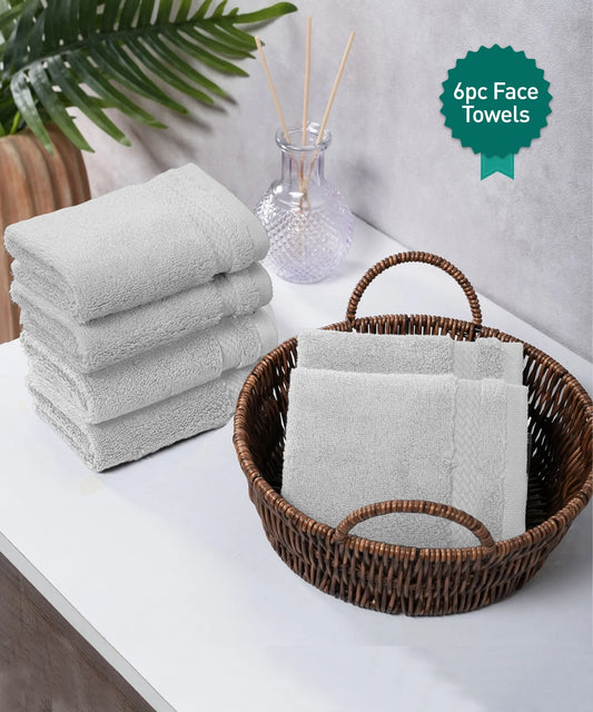Luxury 6 Pc Face Towel set, 625 GSM, Antimicrobial, Premium Cotton, Grey