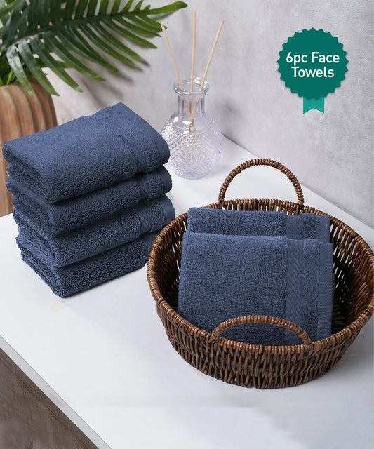 Luxury 6 Pc Face Towel set, 625 GSM, Antimicrobial, Premium Cotton, Navy