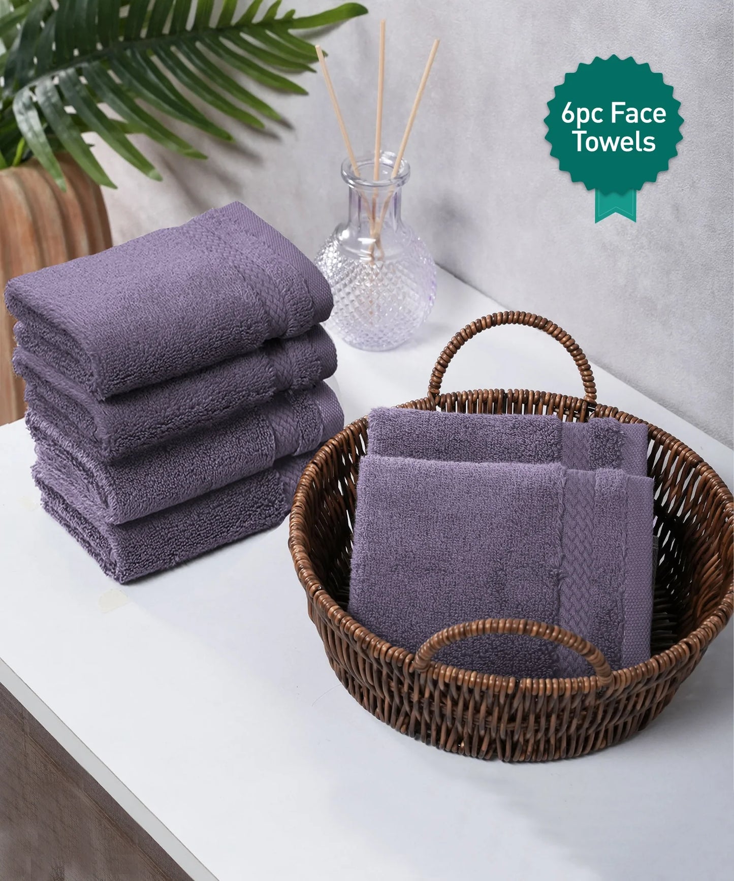 Luxury 6 Pc Face Towel set, 625 GSM, Antimicrobial, Premium Cotton, Purple