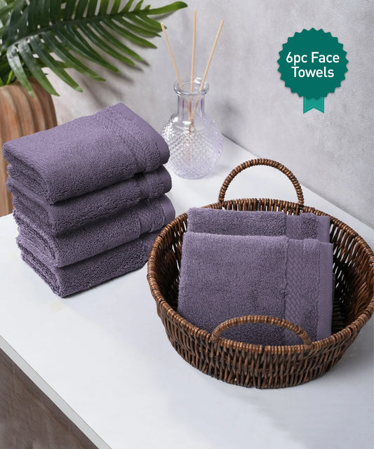 Luxury 6 Pc Face Towel set, 625 GSM, Antimicrobial, Premium Cotton, Purple