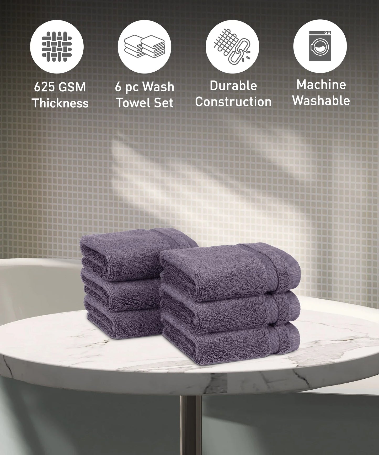 Luxury 6 Pc Face Towel set, 625 GSM, Antimicrobial, Premium Cotton, Purple